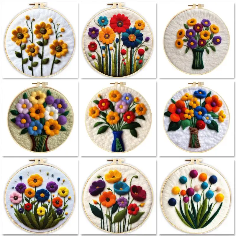 

GATYZTORY Needle Felting Painting Kits Beginners Flower DIY Wool Needle Felting Kit With Embroidery Home Decors DIY Gift