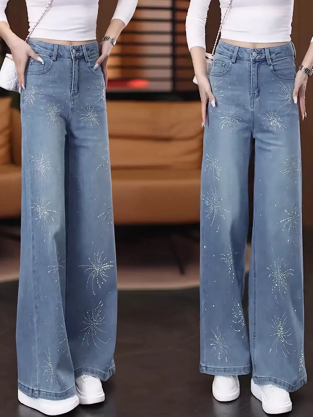 Early Spring Light Blue Women's High Waist Straight Leg Jeans Sequin Embellished Slimming plus Size Denim Pants