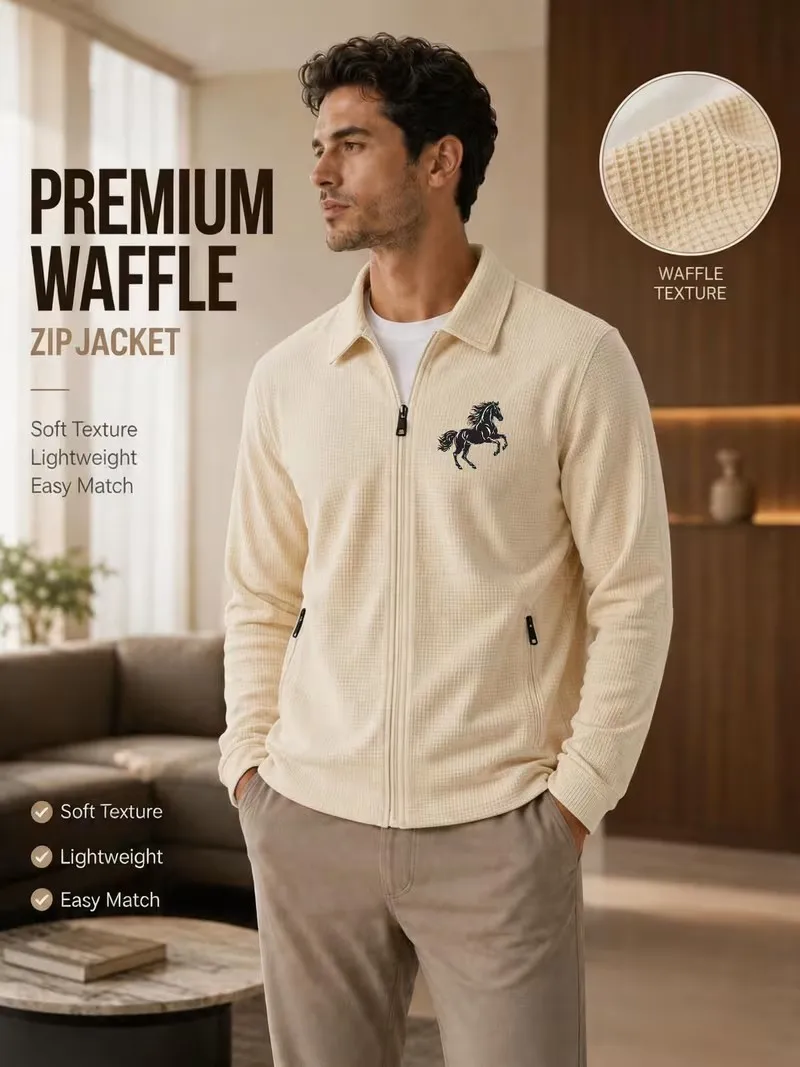 Men's Premium Casual Waffle Lapel Zip up Jacket Logo Detail Spring Autumn Versatile Fashion Outerwear 4 Colors