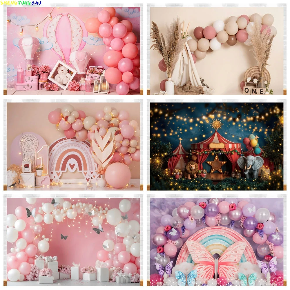 

Newborn Baby 1st Birthday Backdrop for Girl Boy First Birthday Party Cake Smash Boho Balloon tapestry Photography Background