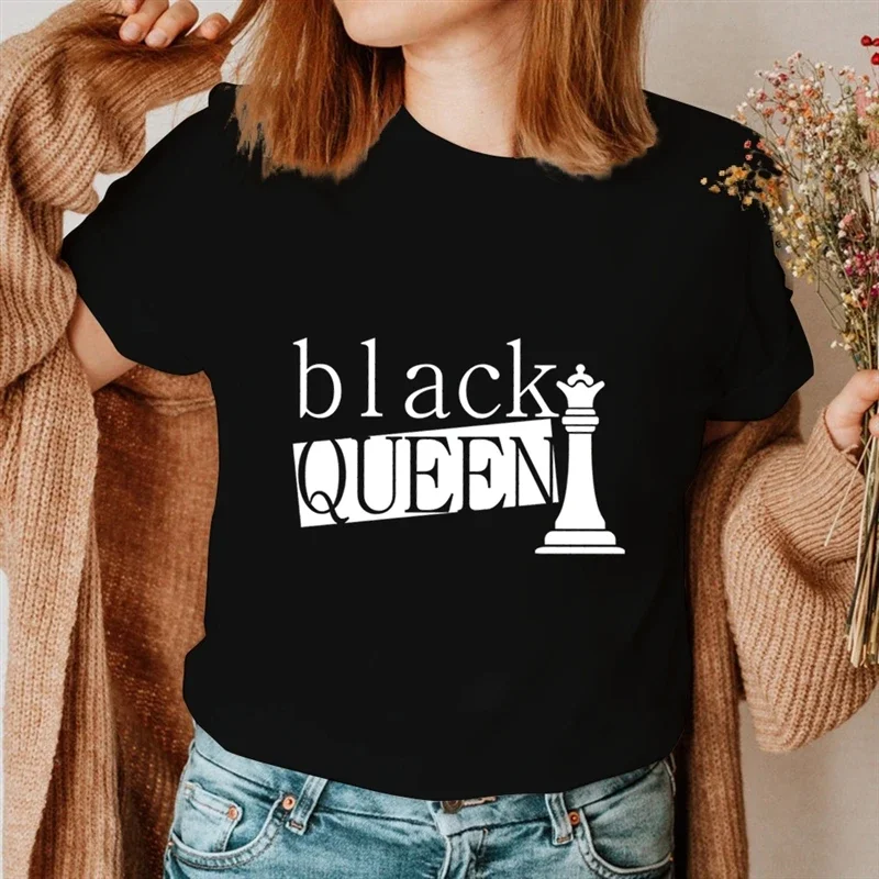 Fashion Trend Lovers T-Shirt Chess Pattern Girl Boy Black King Black Queen Print Couple T-Shirt Loose and Breathable T-shirt