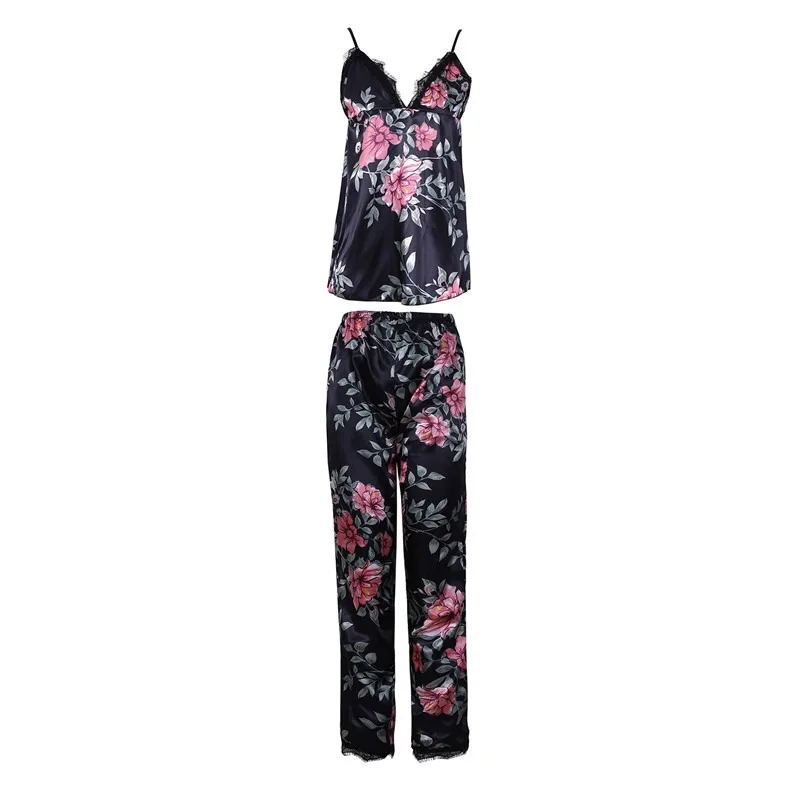 V-neck Suspender And Long Pants Suit Pajamas Sexy Lace Silk Sleeveless Tops Smooth Printing Women For Home