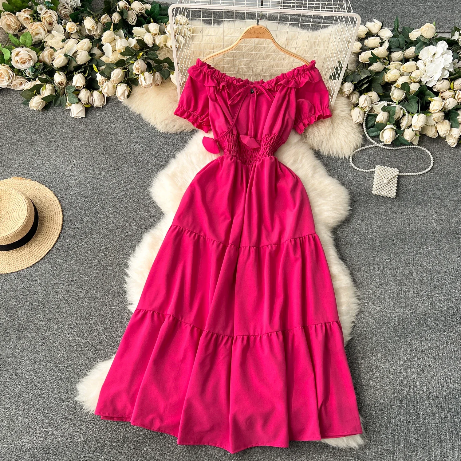 2024 New Summer Vacation Off Shoulders Slim Elastic Waist Long Dress Women Elegant Big Swing Maxi Beach Dress Party Robe Femme