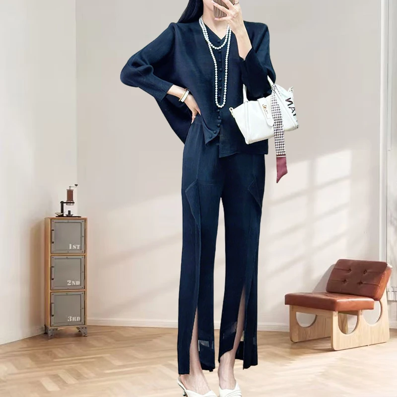 

Miyake Pleat Pants Set Plisse Black Wear Miyake Fold 2025 Summer New Pleat Loose Top+split Straight Leg Trousers Pleats Set