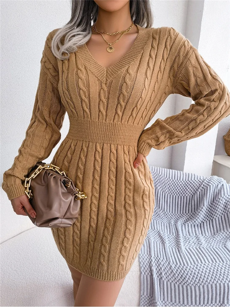 New Fashion Autumn Winter Bodycon Pencil Dress Women Slim Fit Cable Knit Long Sleeve Sweater Dress Sexy V Neck Club Party Dress