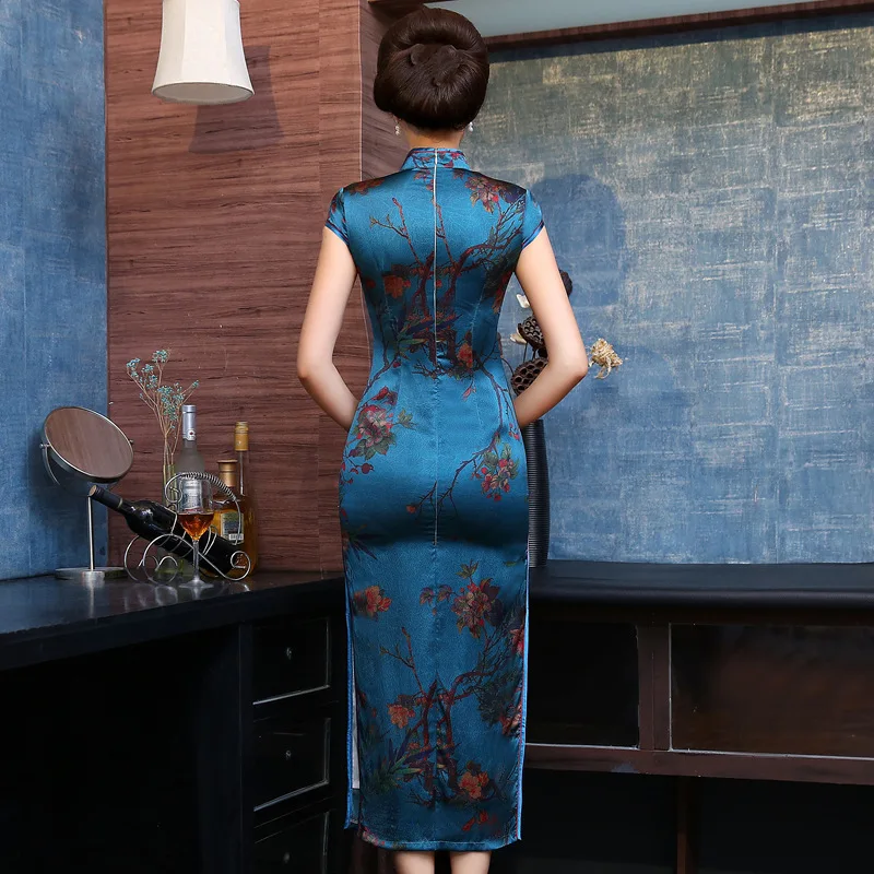 Summer New Print Short Sleeve Long High Quality Real Silk Vintage Cheongsam Qipao Women's Dress