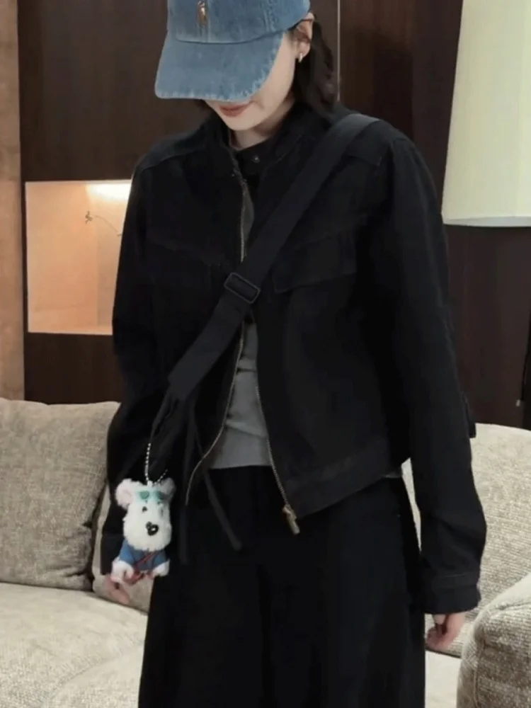 

Женская джинсовая куртка с воротником-стойкой, повседневная, весенне-осенняя, модная, на молнии, в корейском стиле, для повседневной носки