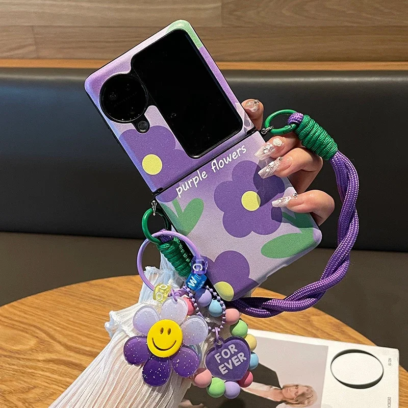 

Kawaii Purple Smiling Sunflower flip phone case for Oppo Find N3 Flip / Oppo Find N2 Flip case cute Leather cover with hinge