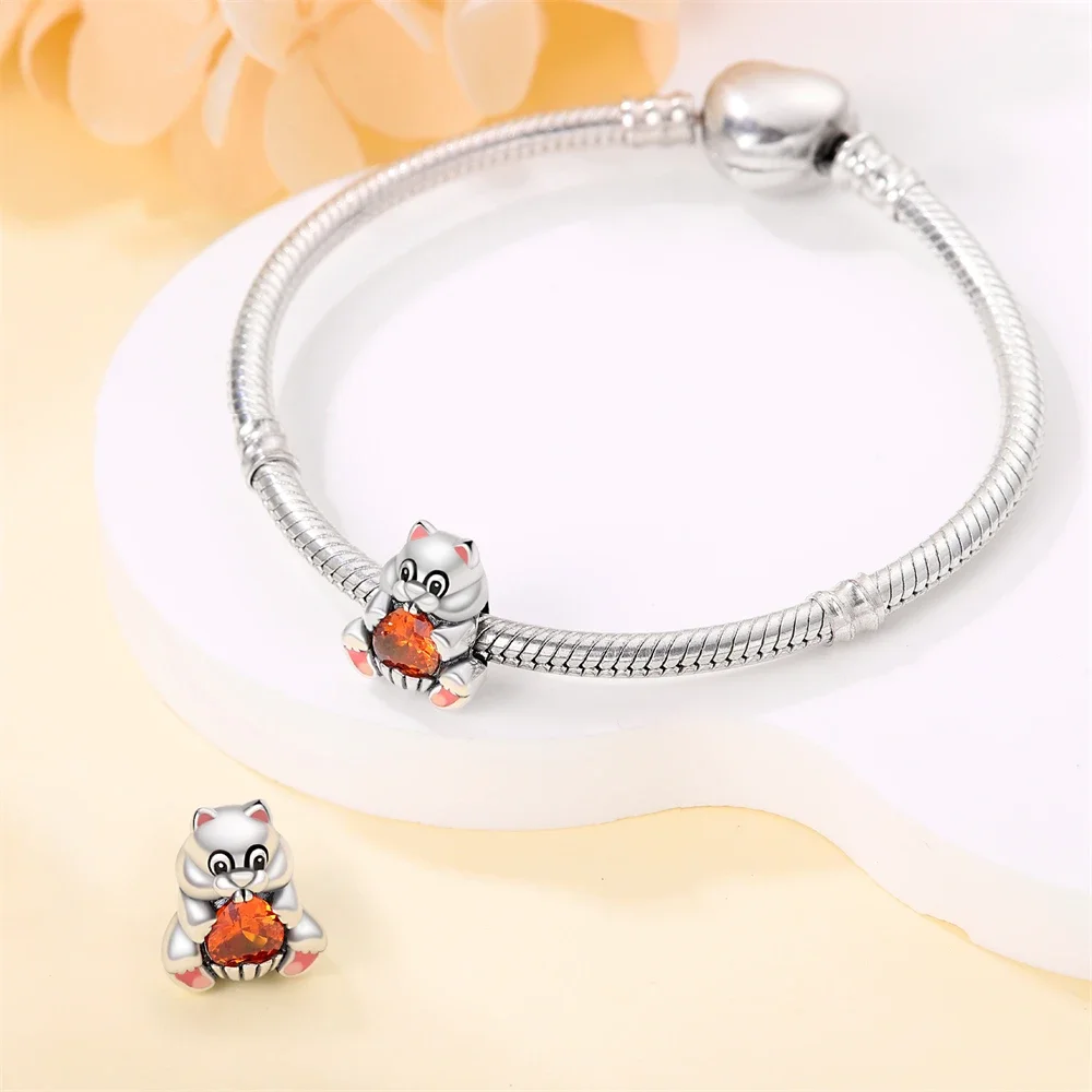 Maple Leaf Squirrel Charme Pingente Beads para As Mulheres, 925 Sterling Silver, Fits Pulseira Pandora Original, Fazer Jóias, Outono