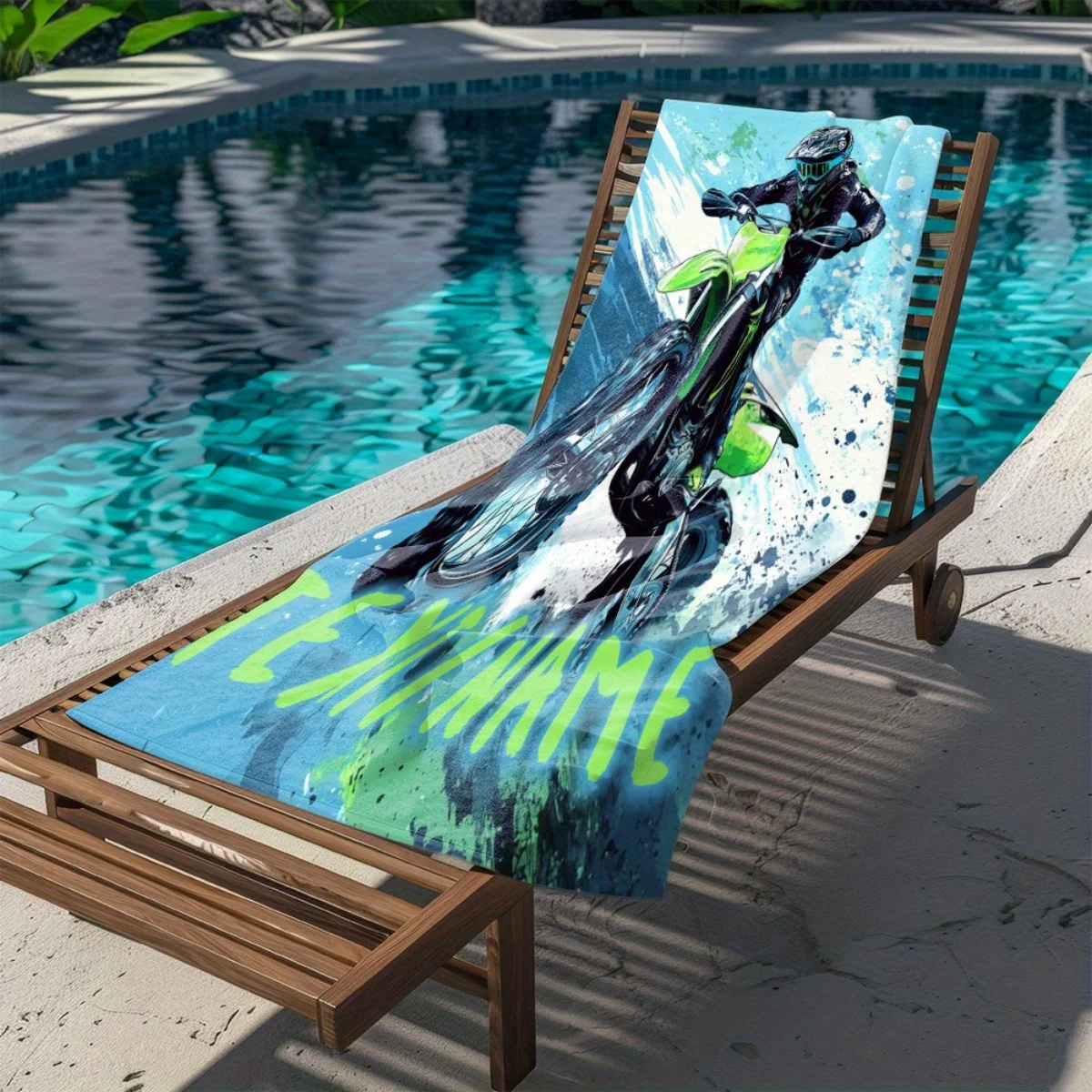 Custom Green Motocross Beach Towel Personalized Name Dirt Bike Microfiber Bath Towels Soft Quick Dry Pool Accessories Gift
