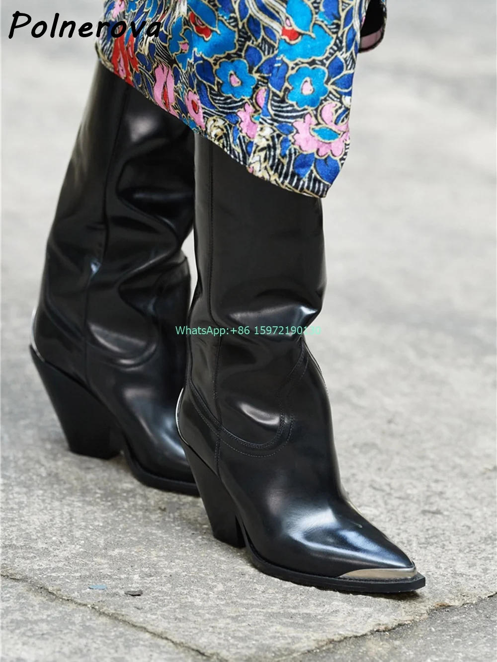 Metal Decoration Knee High Boots Pointy Toe Chunky Heels Slip On Sewing Leisure Autumn New Fashion Solid Women's Knight Boots