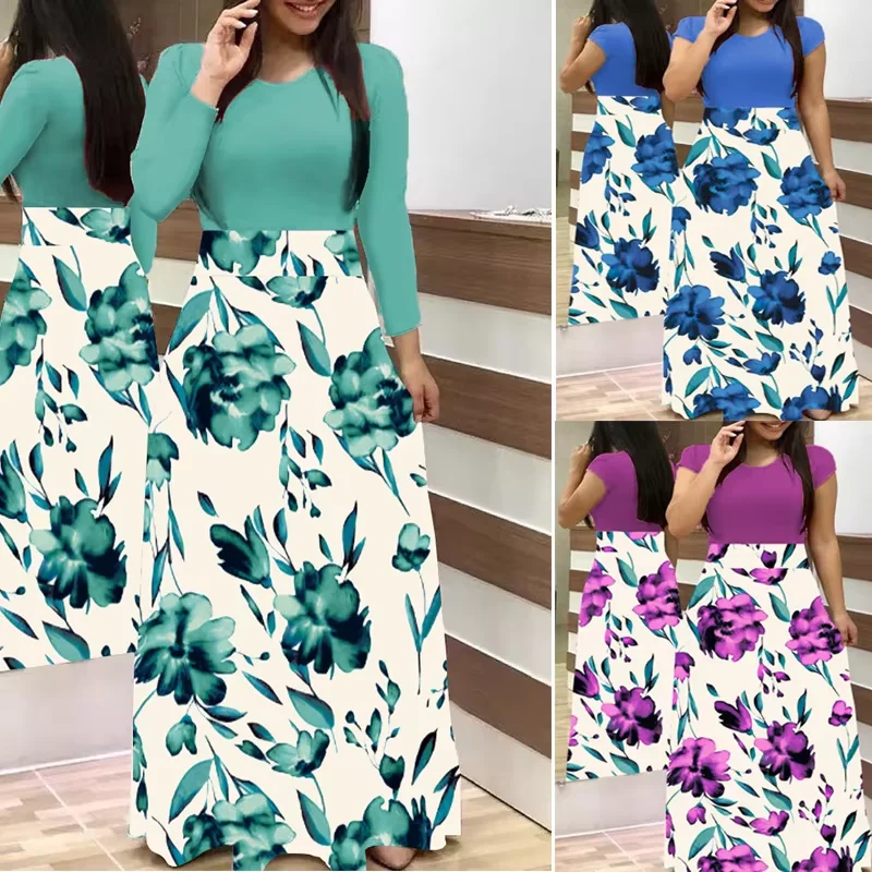 Floral Print Long Sleeve Dress European American Style Color Matched Swing Skirt for Women Large Size