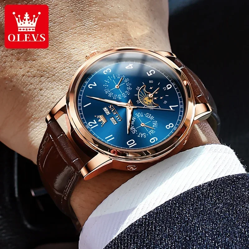 OLEVS 6698 Mechanical Automatic Watch Men Multifunctional Luminous Wristwatch Waterproof Leather Strap Mens Watches Gifts