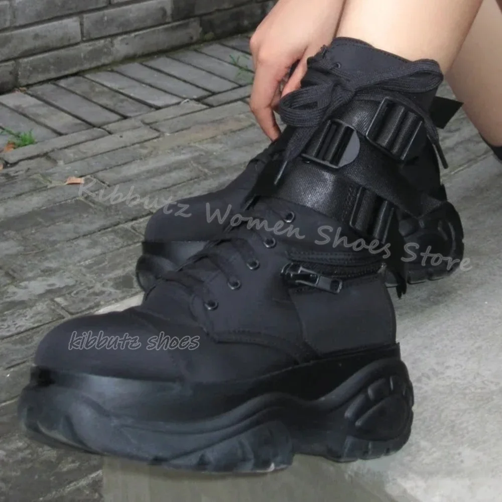 

Belt Buckle Ankle Boot Platform Lace-Up Genuine Leather Novelty Fashion Concise Sexy Women Shoes Round Toe Height Increasing New