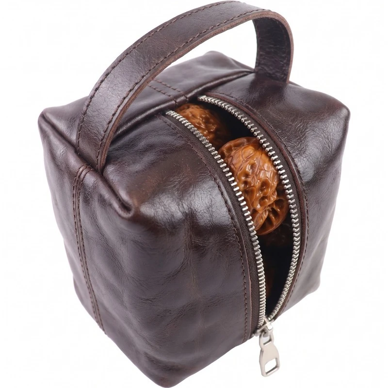 Genuine Leather Cube Coin Bag with Handle, Retro Cowhide Zipper Change Pouch, Small Gadget & Coin Organizer for Men & Women