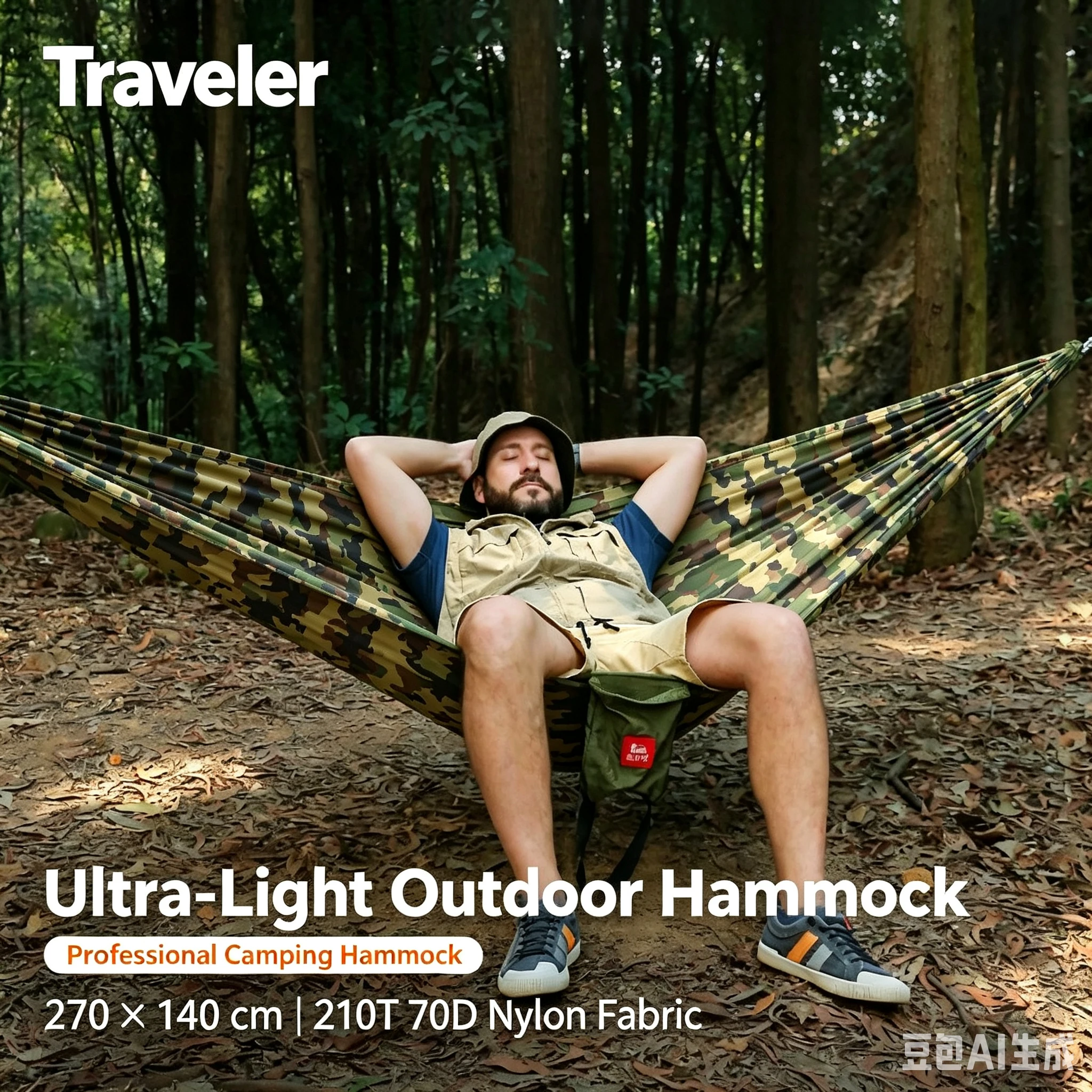 Traveler Camping Hammock 270×140cm, 210T 70D Parachute Nylon Fabric, Anti‑Flip Design, Ultra‑Light & Packable for Outdoor Hiking