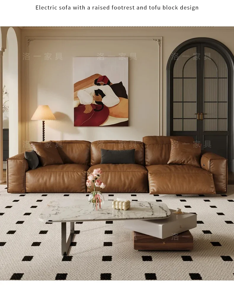 Oil wax leather upturned feet electric sofa zero against the wall electric leather tofu blocks straight row
