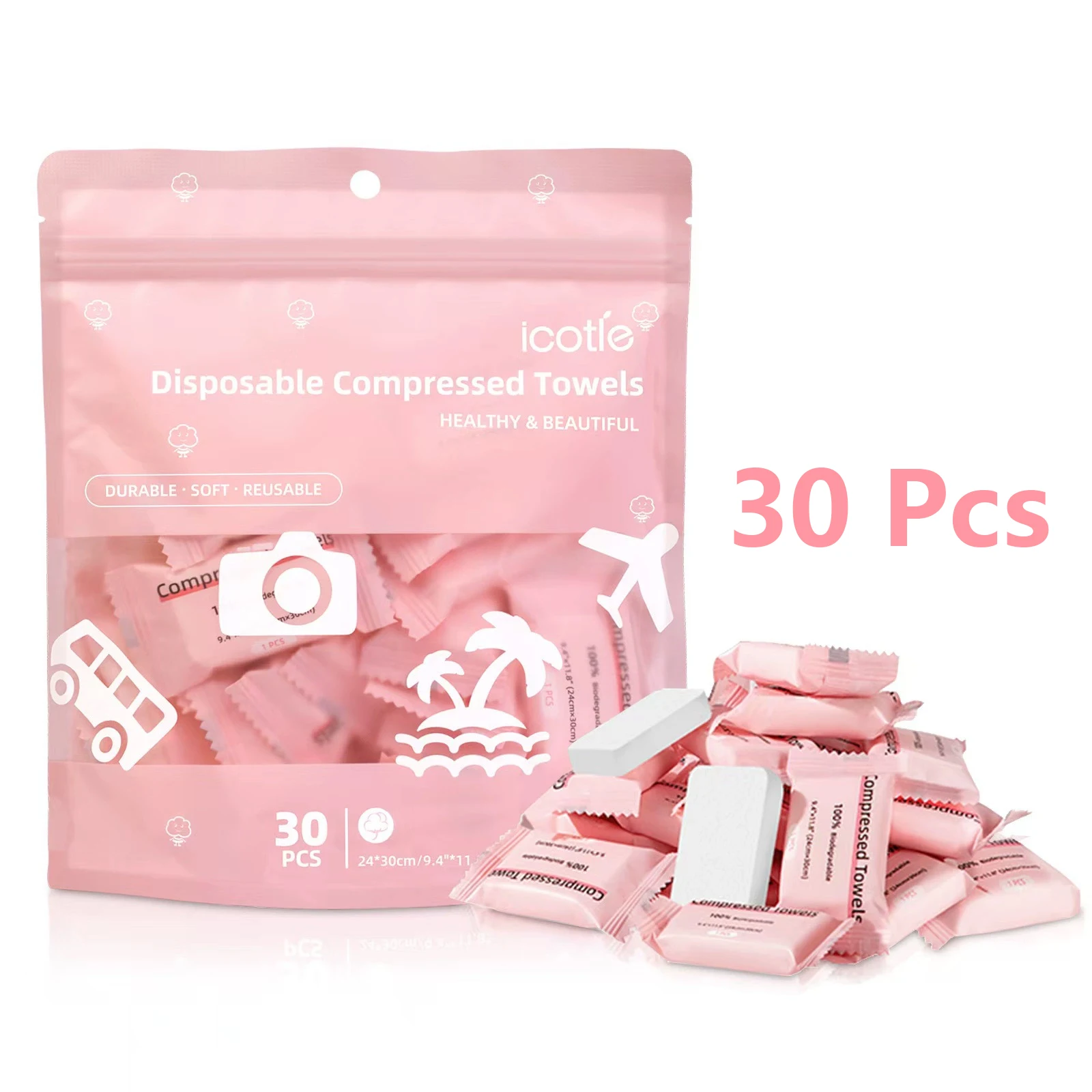 Disposable Face Towels 30 Pack - Compressed Portable Towels for Travel, Camping, Hiking; Quick-Dry & Absorbent for Gym, Picnic