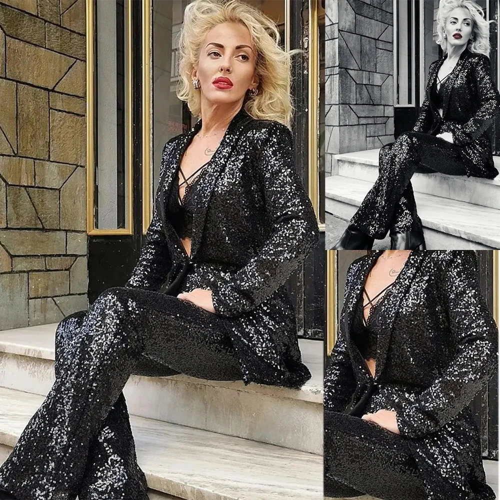 Sexy Sequined Mother of the Bride Dresses Shawl Lapel One Button Loose Pocket Blazer Flare Pants 2 Pieces Party Prom Gown