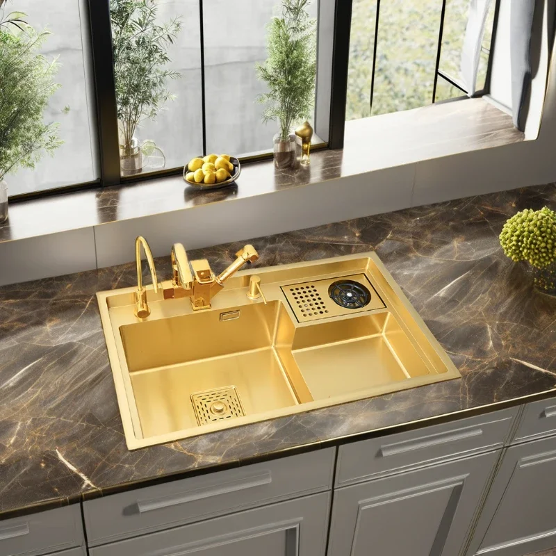 Luxury Multifunctional nano stainless steel kitchen sink gold color tap pull out kitchen mixer tap Villa hotel sink