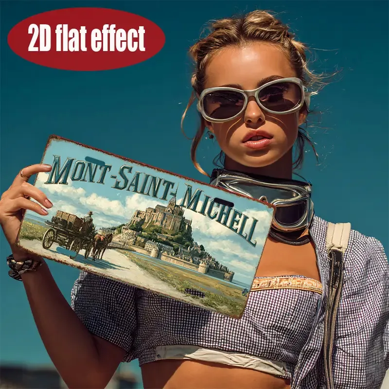 طباعة مسطحة ثنائية الأبعاد، قطعة واحدة، لافتة قصدير معدنية قديمة، لوحة فنية جدارية خارجية، علامة MONT - SAINT - MICHEL، ديكور قديم، مسار