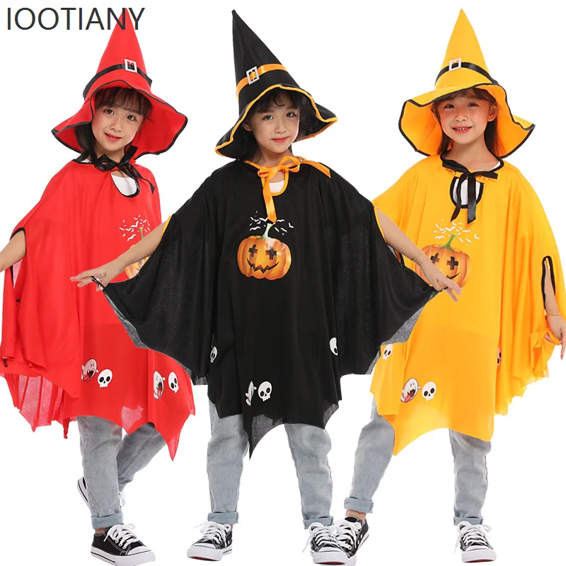 

IOOTIANY Children's Boys And Girls Witch Cosplay Costume Halloween Carnival Party Pumpkin Suit Hat Cape Performance Costume