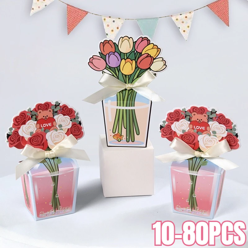 10-80PCS Romantic Tulip Favor Box White Bow Black Edge Gift Containers for Wedding Bridal Shower Mother Day Valentine Decor