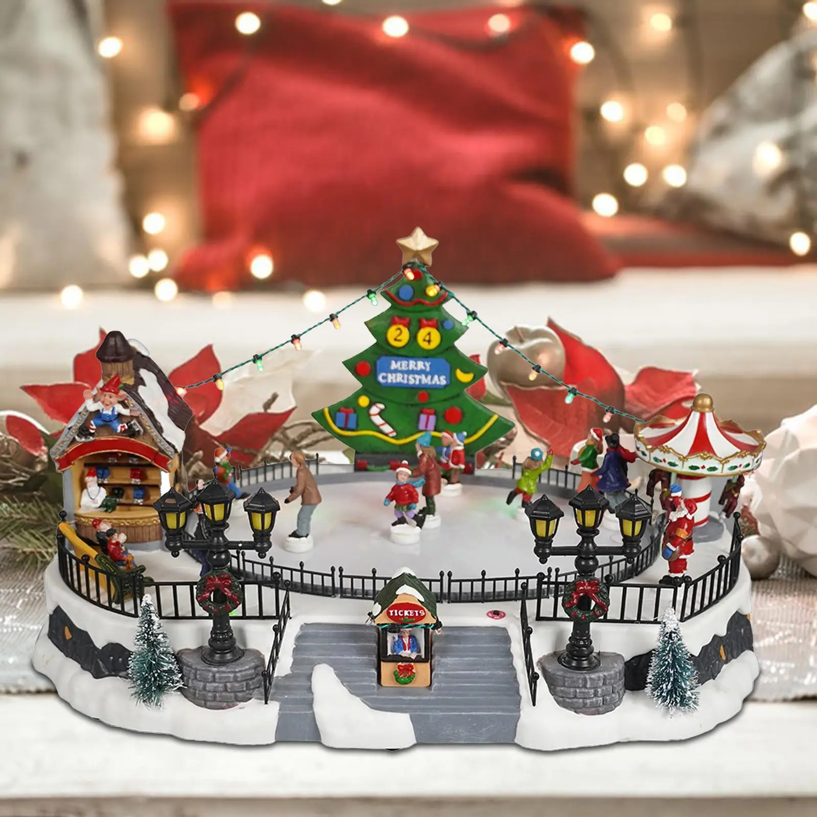 Christmas Music House Lighted Music Box Set Ice Rink Scene Ornament for Table Centerpieces Indoor Kitchen Fireplace Bedroom