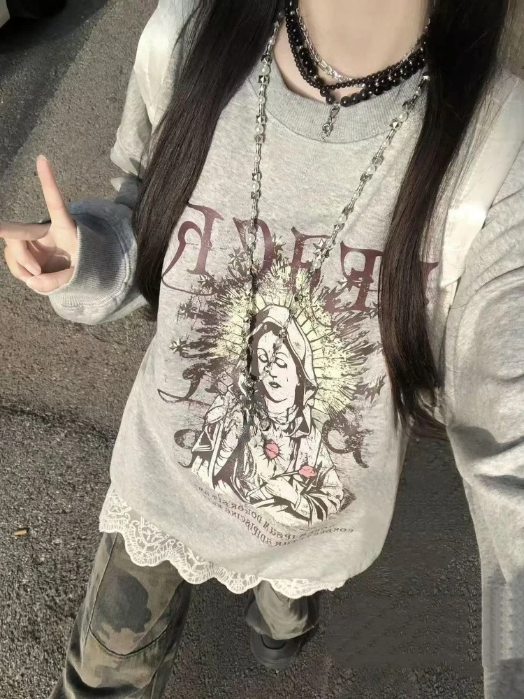 ثقافة فرعية يابانية كم طويل هوديي المرأة ملابس الشارع الشهير عادية البلوز الأمريكية خمر القوطية طباعة س الرقبة ضئيلة 2025 الخريف