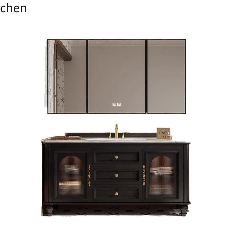 retro oak paint floor cabinet rock slab hot bending integrated basin washbasin cabinet