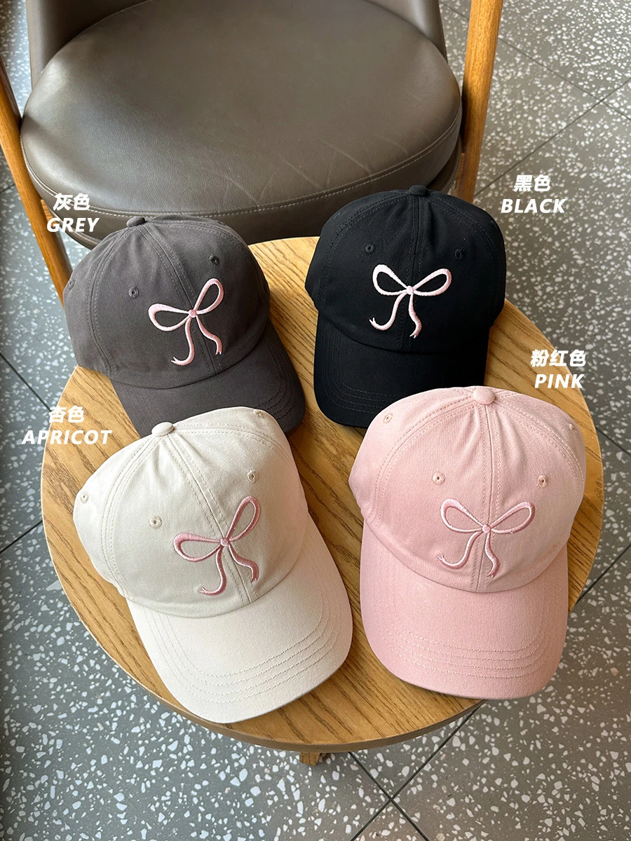 Korean Ins Style Embroidery Bow Soft Top Baseball Cap Women Cute Pink Big Head Circumference Deep Crown Dad Hat