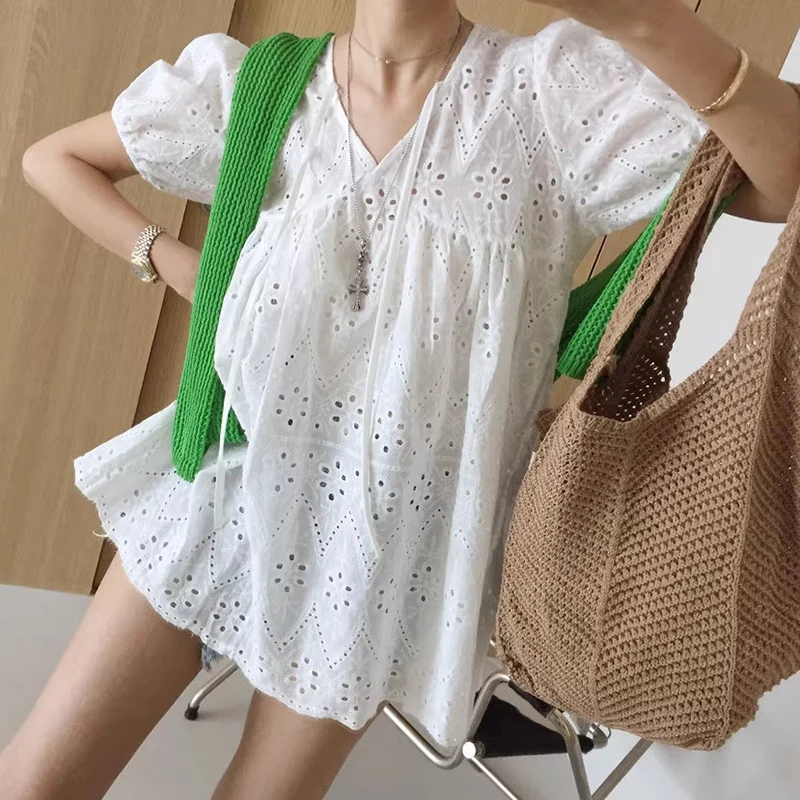 Bubble allentato Sve irt Donna Estate New Sle Sweet Sle V-ne Ricamo floreale Top ampio per giovani donne 8-24