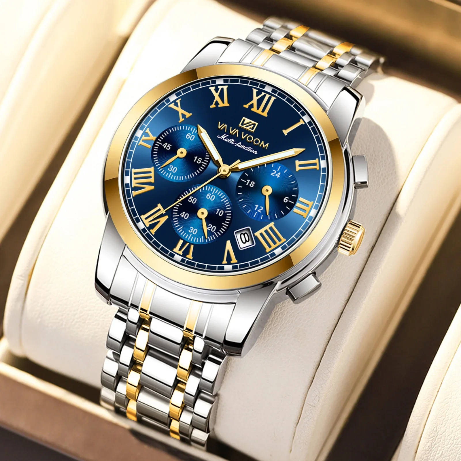 Reloj con correa de acero inoxidable multifuncional para hombre, calendario de sincronización de oro azul de lujo, reloj de pulsera de moda brillante resistente al agua 3Bar