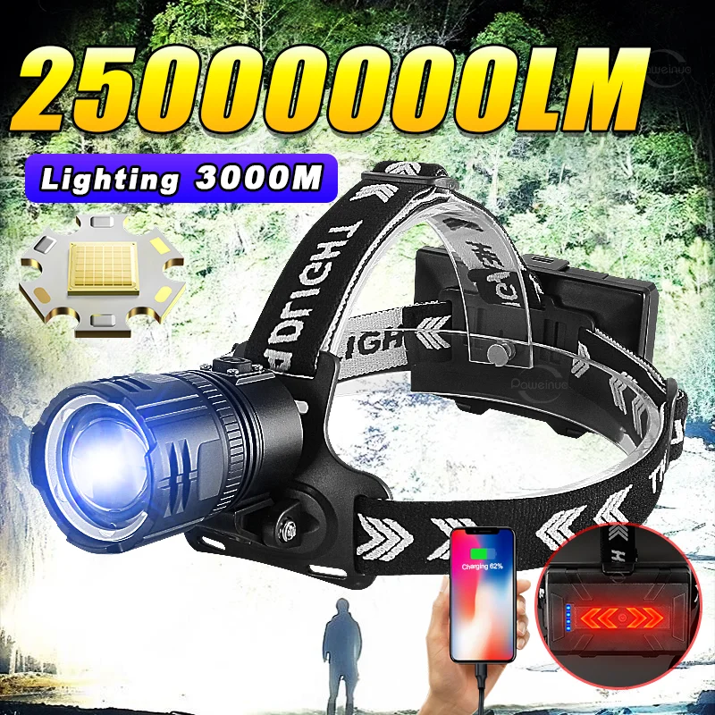 

25000000LM Most Powerful Headlight Ultra Bright LED Headlamp Rechargeable Head Flashlight 18650 Camping Fishing Head Lantern