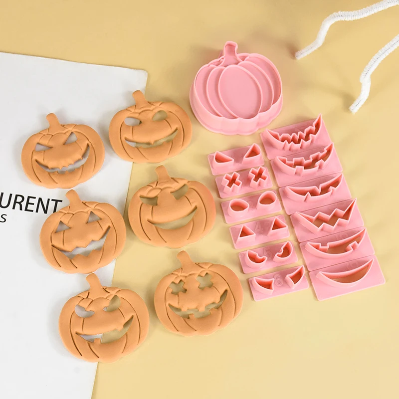 13Pcs Halloween Cookie Cutters 3D Pumpkin DIY Face Biscuit Mold Fondant Embosser Stamps Halloween Party Cake Decorating Tools