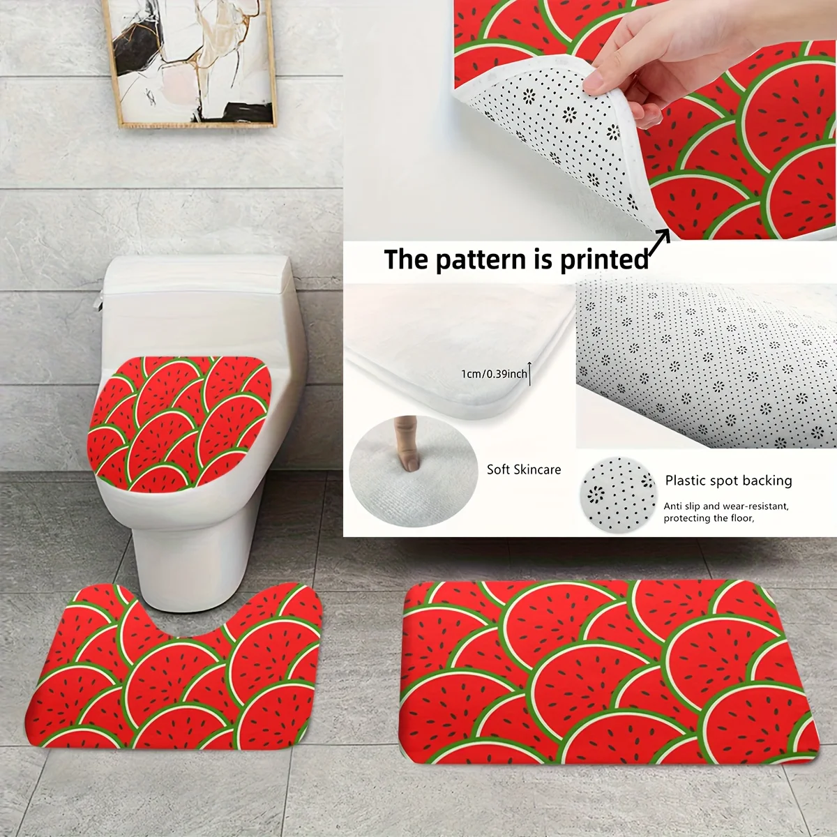 3pcs Watermelon Print Bathroom Mat Set Soft Plush Anti Slip Decorative Bath Rug Mat for Toilet and Floor Area