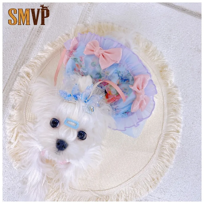 Blue Purple Gradual Change Color Bow Lace Edge Decoration Sweet Dreamy Lolita Style Suitable for Kittens Small Dog Dress
