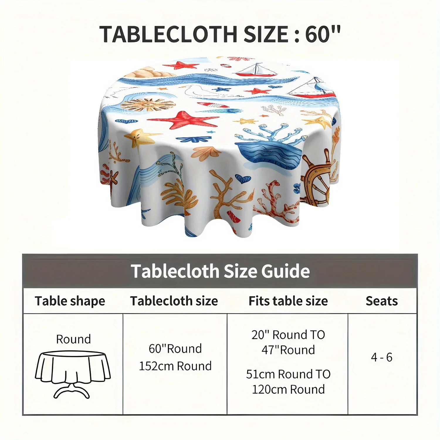 One summer marine-themed tablecloth featuring starfish and sailboats, made of durable polyester in a round shape