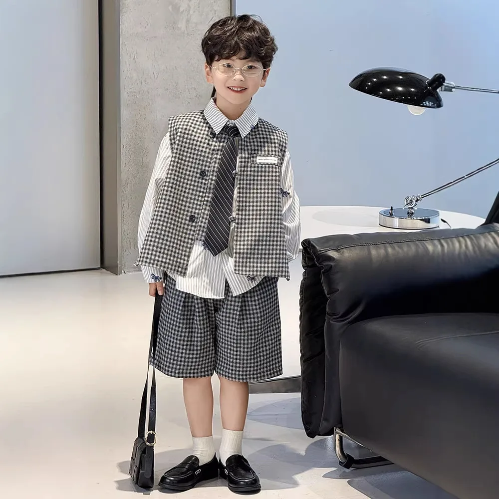 Toddler Boys Plaid Outfit Set Vest + Shirt + Shorts with Tie Summer Kids Wedding Birthday Party School Formal Casual Wear 6 8 Y