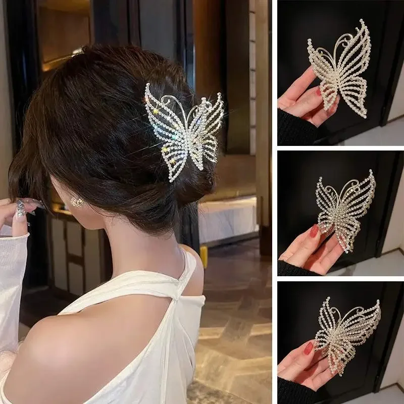 Bling Rhinestone Butterfly Hair Claw Clips for Women Shinning Elegant Pearl Barrette Headwear Wedding  Accessories for Women