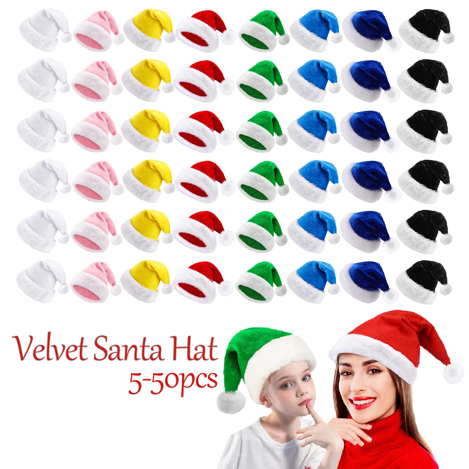 10-50pcs Thickened Santa Hat Christmas Unisex Cap Xmas Holiday Hat Plush Velvet Hat for Adults/Child  Party Supplies/New Year