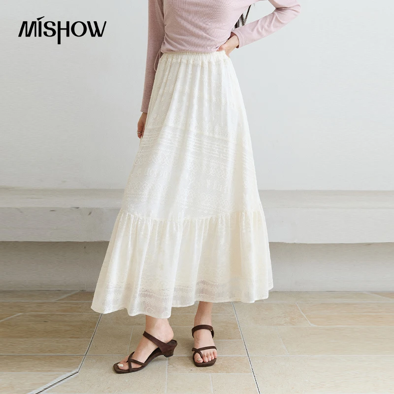 MISHOW High‑Waist A‑Line Midi Skirt 2026 Autumn Jacquard Textured Flowy Ruffle Hem Long Skirt Versatile Elegant Skirt MXF43B2577