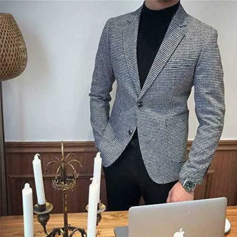 

1 шт., модные блейзеры с узором «гусиные лапки» в британском стиле, мужские новые приталенные деловые офисные свадебные платья, костюм, куртка, официальная одежда, смокинг