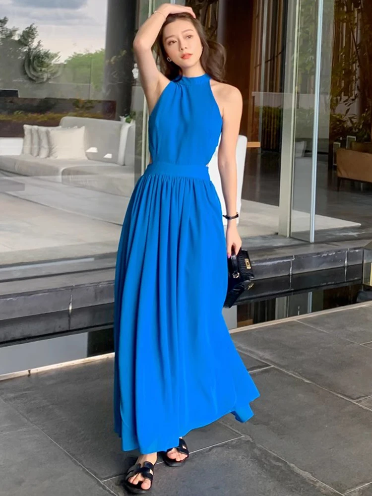 Boho gaun panjang punggung terbuka seksi sifon biru tua mode untuk wanita Halter pinggang tinggi musim panas gaun liburan pantai kasual