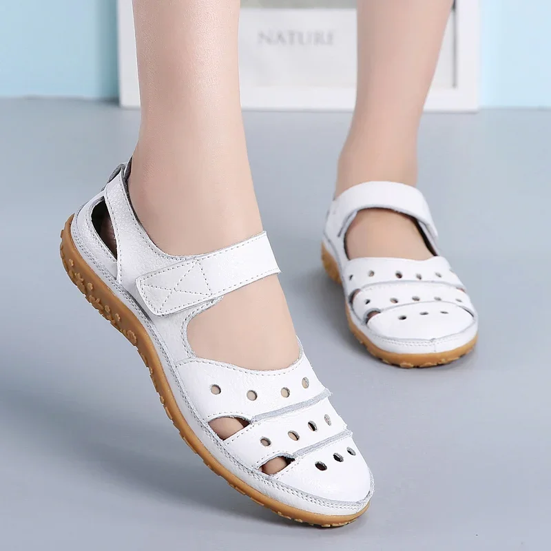 Summer Women Leather Sandals Hollow Flat White Fashion Casual Ladies Shoes Sandales Round Toe Non-Slip Size 35-42 Zapatos Mujer