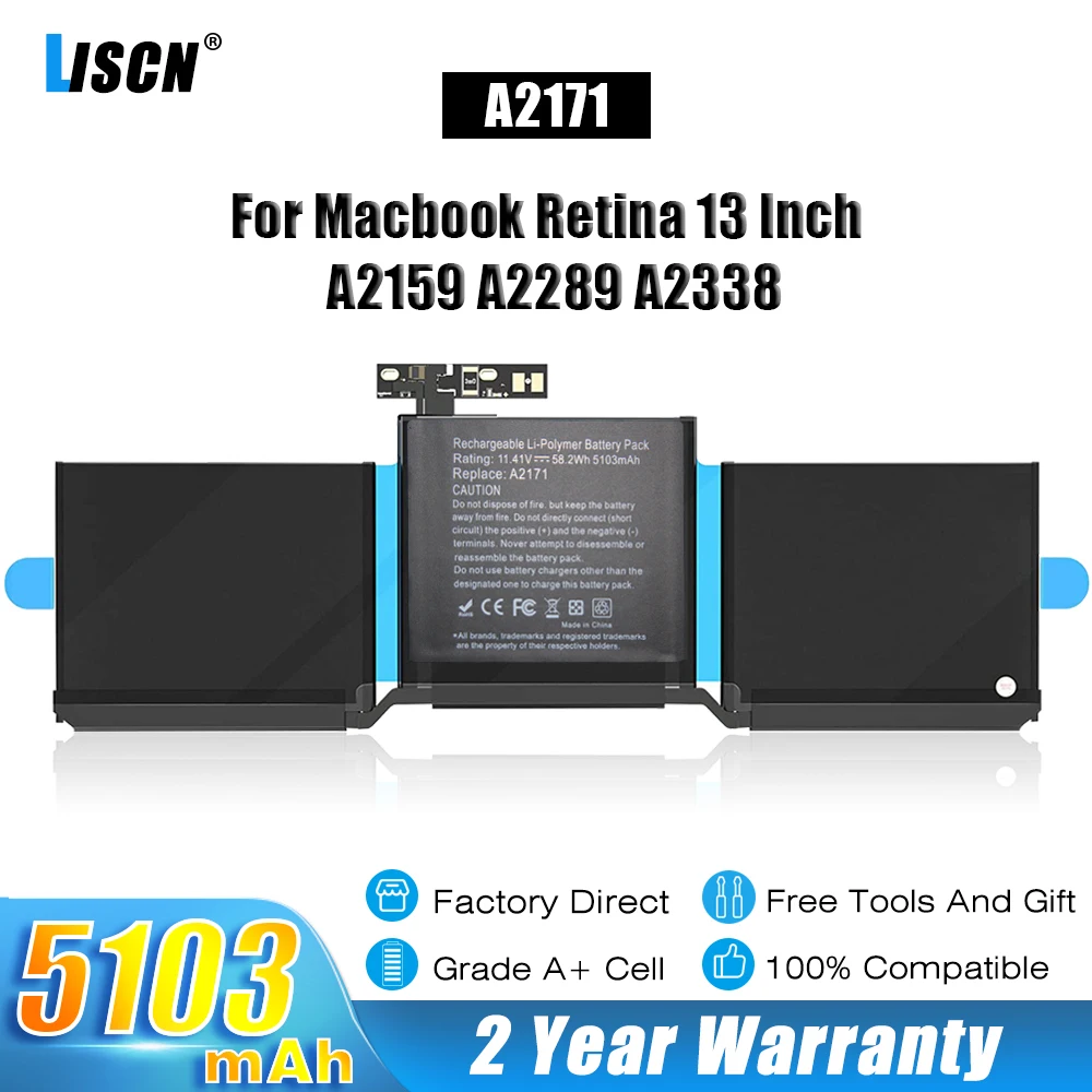 

LISCN 58.2Wh A2171 Laptop Battery for Apple MacBook Retina 13.3'' A2159(2019 Year) A2289(2020 Year) A2338(2020 Year) 616-00675