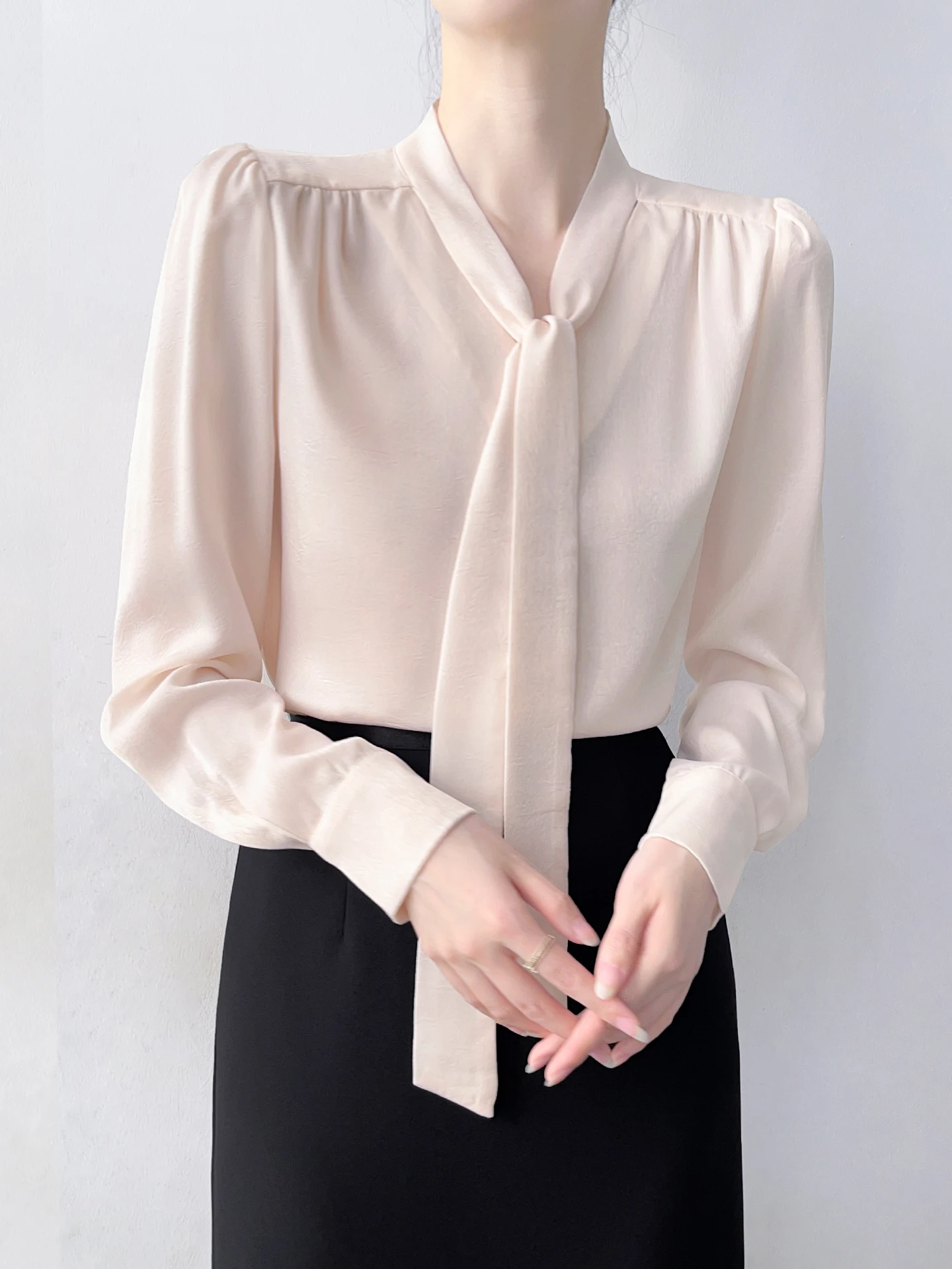 

Женская блузка Ele V-Ne Sa с длинным рукавом, атласная, для офиса, в корейском стиле, свободного кроя, дышащая