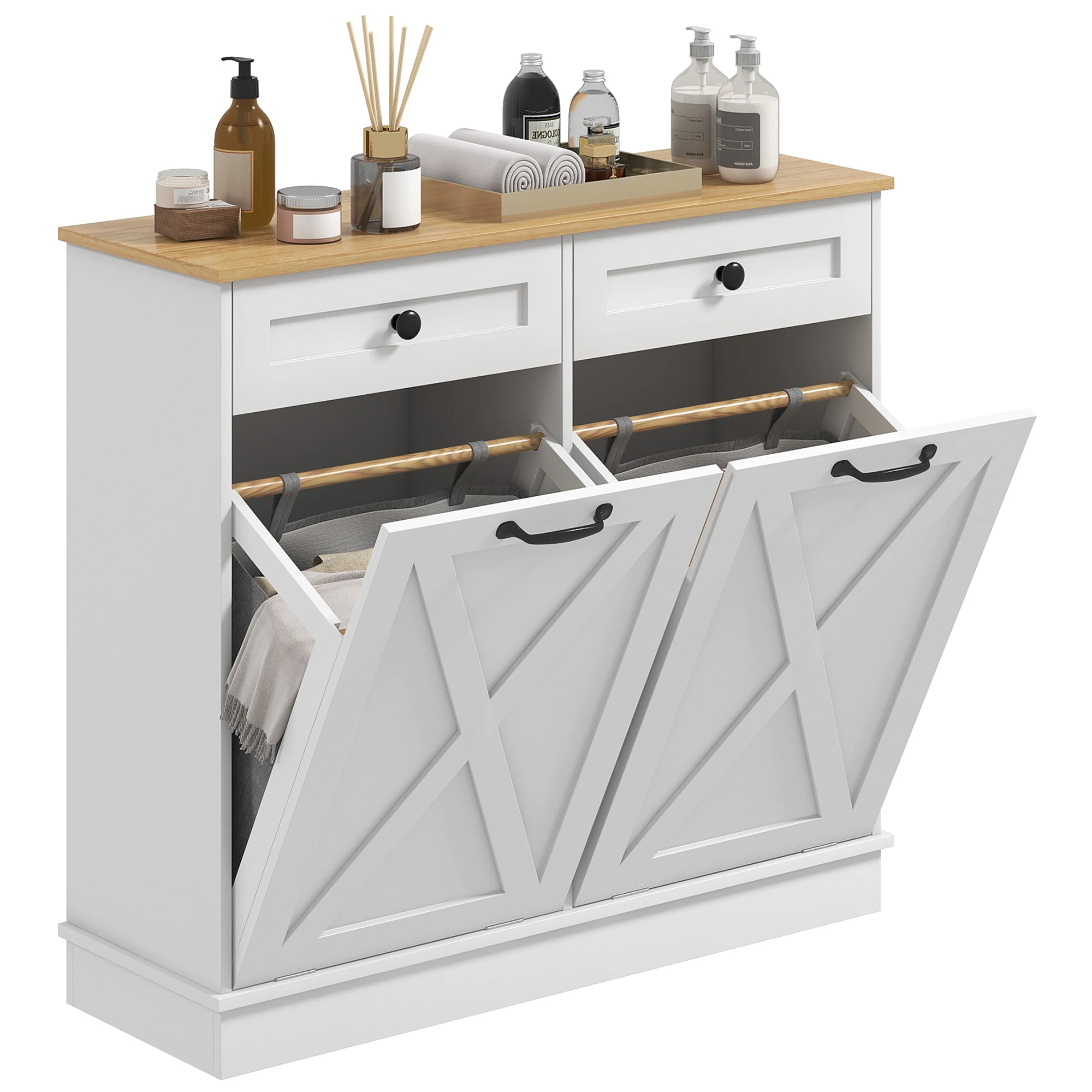 HOMCOM Double Tilt Out Laundry Hamper Cabinet with 2 Removable Baskets and 2 Drawers, Bathroom Storage Cabinet or Trash Can Cabinet for Laundry Room, Living Room, White