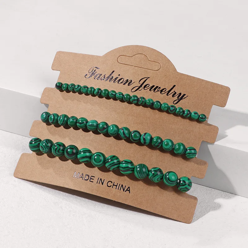 3Pcs/Set Natural Green Malachite Stone Bracelets 4 6 8mm Round Beaded Bracelet for Women Men Elastic Bracelet With Card Bangle