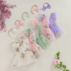 Baby Girl 2Pcs Princess Tulle Rompers Dress Ruffle Sleeveless Floral Embroidery Jumpsuits Headband  Newborn Clothes